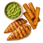 Grilled Chicken with smashed avocado and halloumi fries