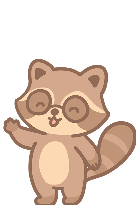 Raccoon wearing glasses waving cheerfully to the player